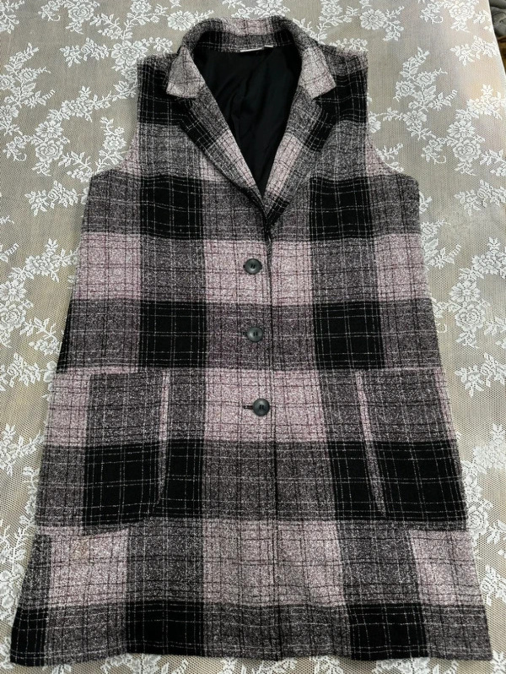 purple and black plaid sleeveless vest
